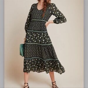 Anthropologie Black floral Tiered Maxi dress in size 10 New with tags